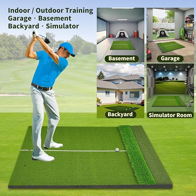 3-in-1 Golf Hitting Mat 5x4ft, Thick Golf Practice Mat with Alignment Line, Fairway/Rough/T-Turf Golf Training Mat, 14 Tees, Golf Mats Practice Indoor Outdoor for Hitting Driving Swing Chipping