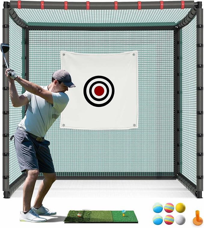 Golf Cage with Steel Freame, 7x7x7ft Golf Net with Rubber Hose, Noise Reduction for Backyard Indoor Outdoor Lawn Practice(Includes 1 Hitting Mat 6 PU Balls 1 Tee)