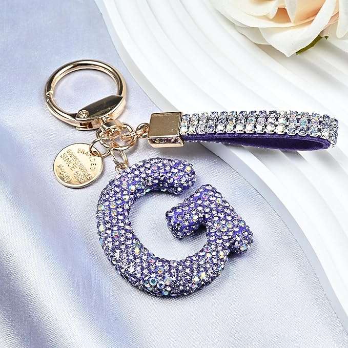Pink Blue White Initial Letter Keychain Gift for Women Girls Bling Sparkly Cute Backpack Car Key Accessories Lanyard