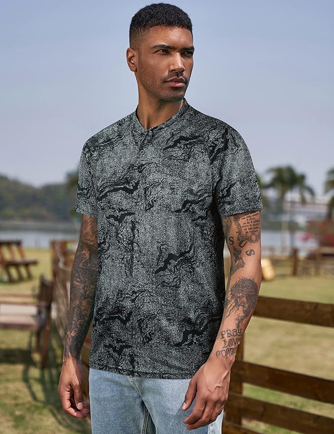 TAPULCO Mens Collarless Golf Shirts Short Sleeve Dry Fit Stretch Casual Breathable Lightweight Tshirts