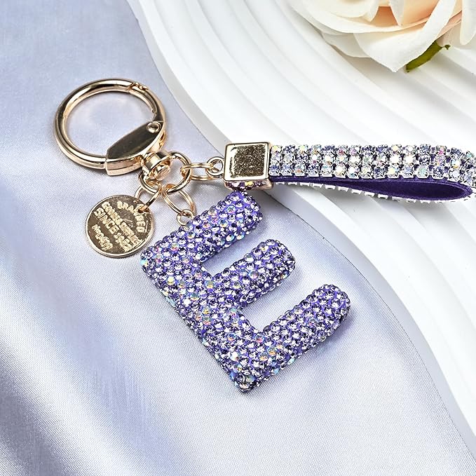 Pink Blue White Initial Letter Keychain Gift for Women Girls Bling Sparkly Cute Backpack Car Key Accessories Lanyard