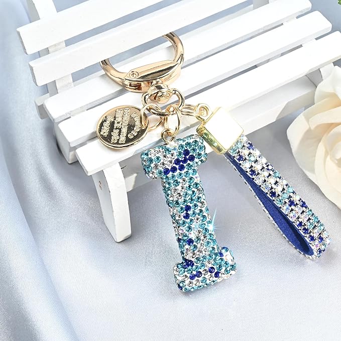 Pink Blue White Initial Letter Keychain Gift for Women Girls Bling Sparkly Cute Backpack Car Key Accessories Lanyard