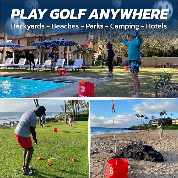bucketgolf Original Game 3-Hole Travel Set – #1 Backyard Golf Game for Adults. Ideal for Yard, Beach, Park, Camping, and Outdoor Fun