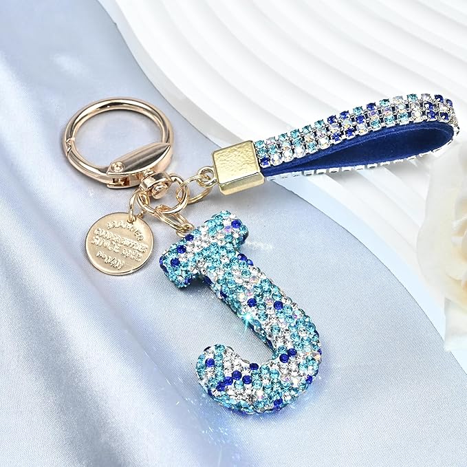 Pink Blue White Initial Letter Keychain Gift for Women Girls Bling Sparkly Cute Backpack Car Key Accessories Lanyard