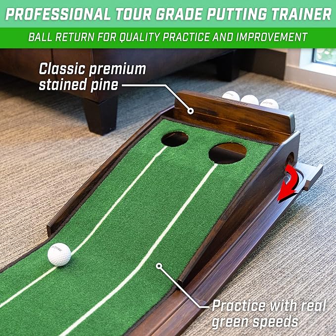 GoSports Pure Putt Golf 9 ft Putting Green Ramp - Black or Brown - Premium Wood Training Aid for Home & Office Putting Practice - Includes 4 Golf Balls