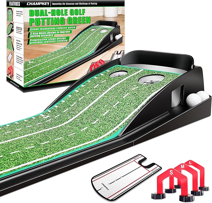 CHAMPKEY Premium Golf Putting Green Indoor with 3 Golf Putting Gates - Improves Putting Accuracy and Skill Levels Golf Putting Mat - Ideal for Indoor and Outdoor Training