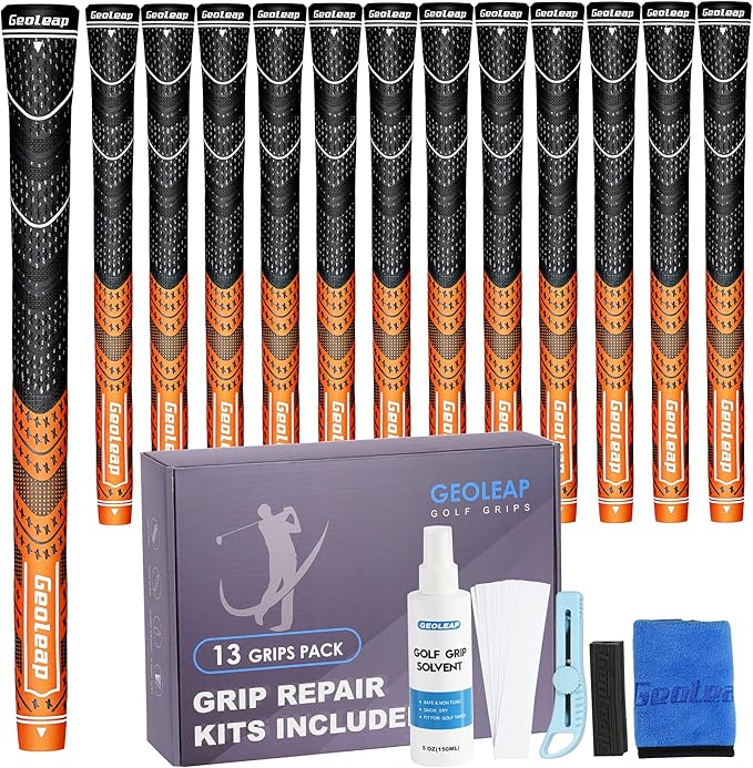 Geoleap Golf Grips Set of 13- Grips with Tapes and with All Repair Kits for Choice,Hybrid Golf Club Grips,Standard/Midsize,All Weather Contral, High Feedback & Traction.