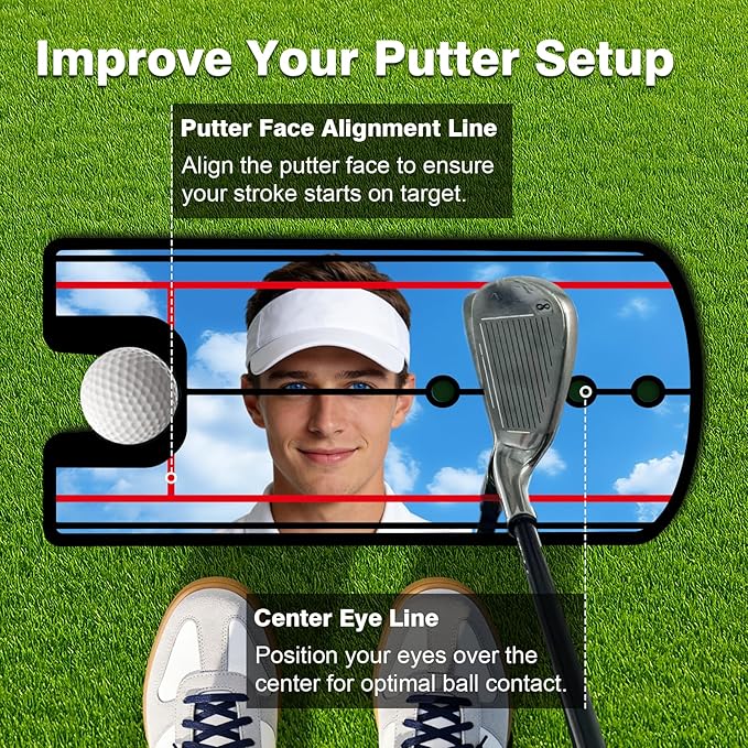Golf Putting Mirror Training Aid with Alignment Lines - Portable Putting Practice Tool to Check Eyes, Shoulders & Putter Face - Improve Accuracy & Consistency for Beginners, Pros, Indoor & Outdoor Use