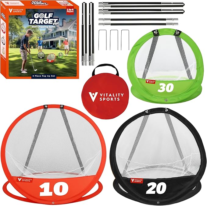 Vitality Sports Golf Chipping Net, 3PCS Pop-Up Golf Practice Net for Backyard, Indoor Outdoor Chipping Game with 3 Targets, 1 Hitting Mat, 20 Balls, Tee Box