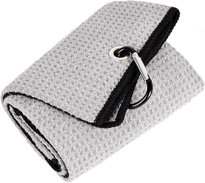 Mile High Life Tri-fold Golf Towel | 16" X 24" | Premium Microfiber Fabric | Waffle Pattern | with Heavy Duty Carabiner Clip | for Men and Women (Gray)
