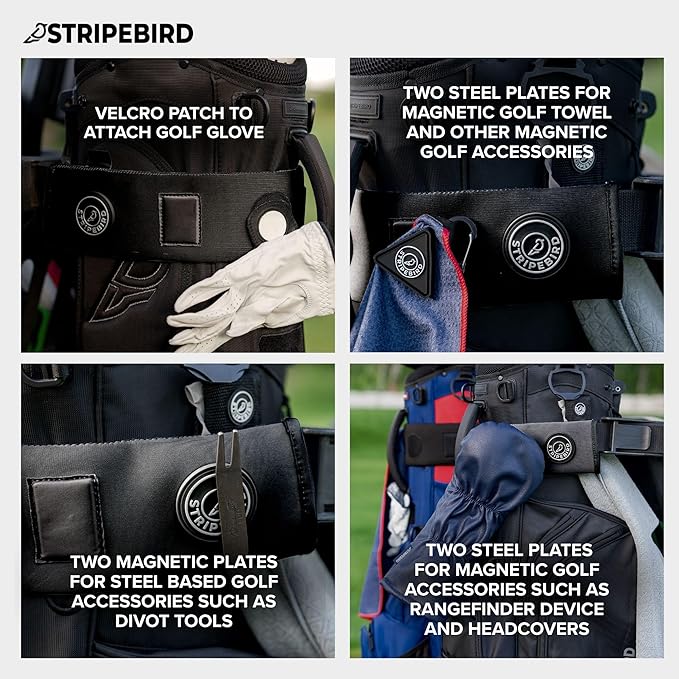 Stripebird - Premium Golf Cart Strap Sleeve Protector - Save Your Golf Bag from Golf Cart Straps - Includes Magnetic and Steel Plate for Magnetic Golf Accessories