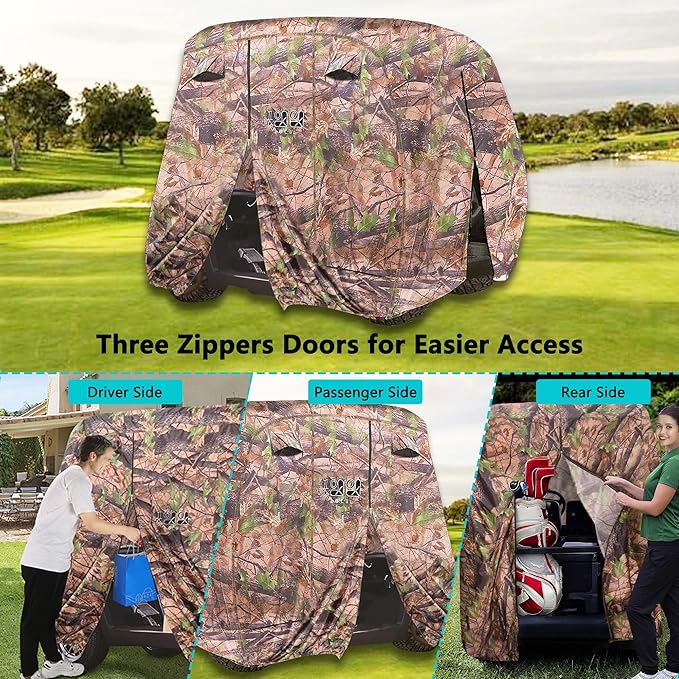 10L0L Golf Cart Cover 2/4/4+2 Passenger for Yamaha EZGO Club Car, Heavy Duty 420D Waterproof Windproof Durable Polyester Golf Cart Cover with 3 Zipper Doors for All-Weather Protection (Black/Silver)
