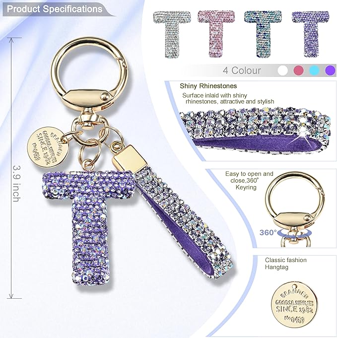 Pink Blue White Initial Letter Keychain Gift for Women Girls Bling Sparkly Cute Backpack Car Key Accessories Lanyard
