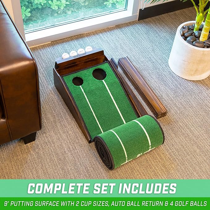 GoSports Pure Putt Golf 9 ft Putting Green Ramp - Black or Brown - Premium Wood Training Aid for Home & Office Putting Practice - Includes 4 Golf Balls