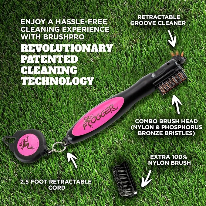 Frogger BrushPro Golf Club Cleaner with Ergonomic Grip and 2.5 ft. Retractable Cord, Sturdy Golf Club Brush and Groove Cleaner for Golfers, Golf Dad