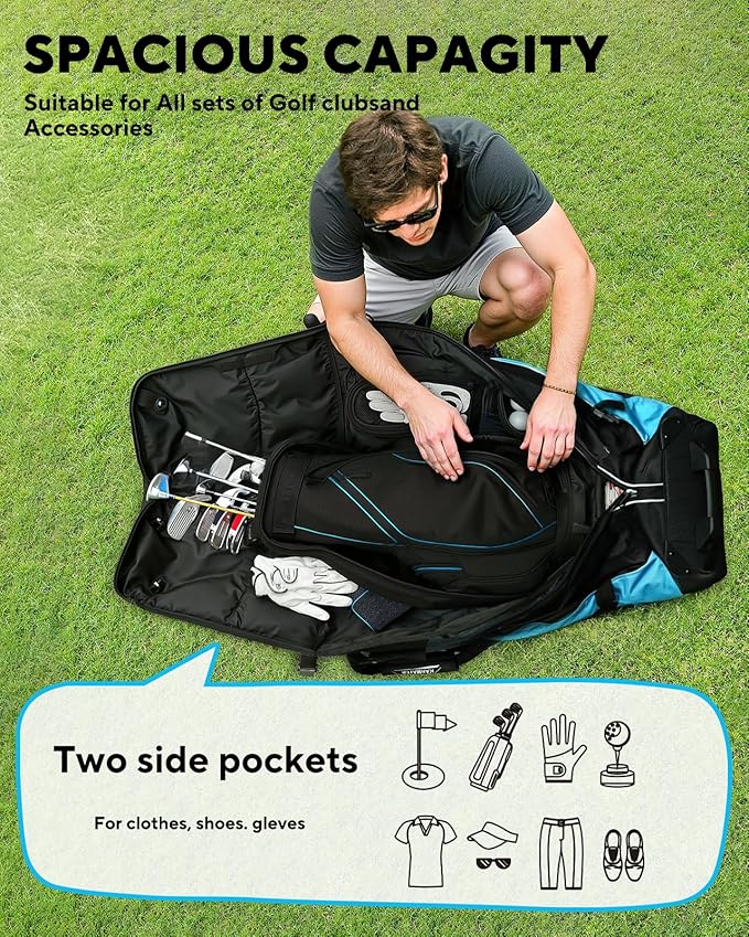 M KARMATER Golf Travel Bags for Airlines with Wheels - Foldable Hard Case with ABS Top and 1680D Heavy Duty Oxford, Full Padding Protection, 3 Storage Compartments for Golf Clubs and Accessories