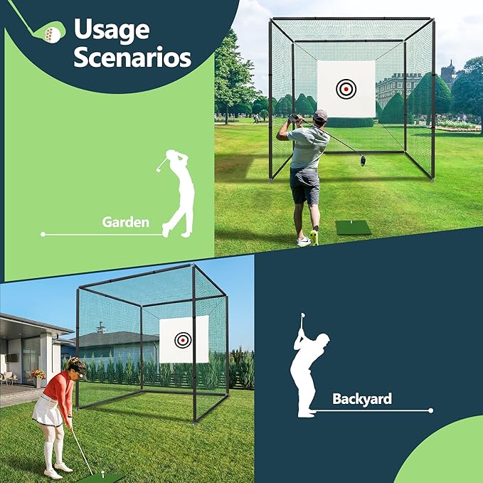 Golf Cage Net with Steel Frame 10x10x10 Ft Golf Practice Nets Used for Indoor Full Swing Practice and Chopping Practice, Including Target Fabric and Swing Pad