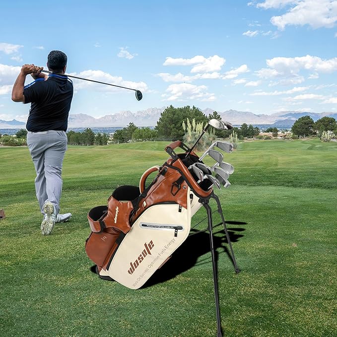 Lightweight 14-Way Golf Stand Bag, PU Leather Golf Bag Waterproof Men Women Full Length Top Dividers, Multiple 8 Pockets Cooler Pouch Adjustable Detachable Shoulder Dual Straps Rain Cover Hood