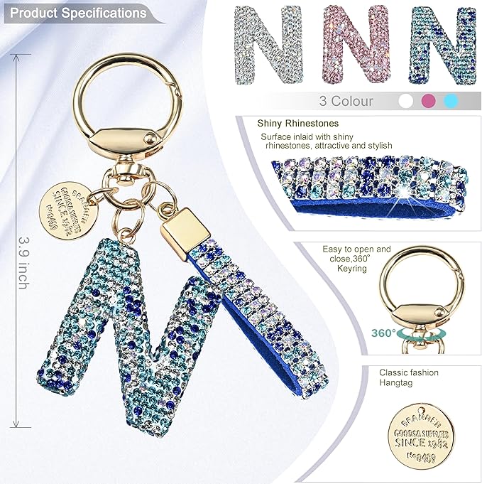 Pink Blue White Initial Letter Keychain Gift for Women Girls Bling Sparkly Cute Backpack Car Key Accessories Lanyard
