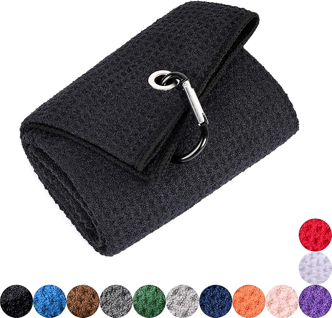Mile High Life Microfiber Waffle Pattern Golf Towel | Club Groove Cleaner Brush | Foldable Divot Tool with Magnetic Ball Marker (Black Towel/Brush/Fish Divot)