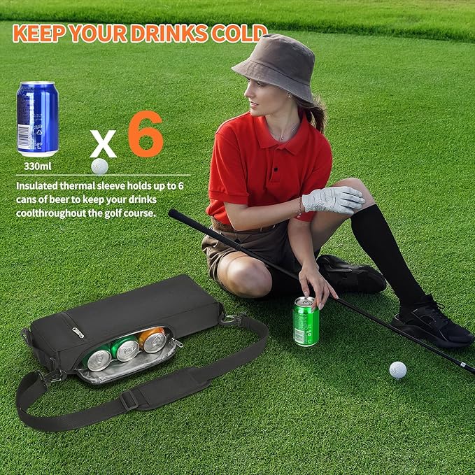 Golf Cooler Bag for Men Women, Small Soft Insulated Beer Cooler Holds 6 Pack of Cans or Two Wine Bottles, Portable Golf Accessories Cooler Sleeve for Camping Picnic Beach Outdoor