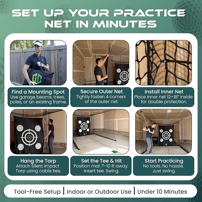 GrdnCare Heavy-Duty Golf Hitting Net 10x8x5.5 FT- Golf Practice Net with Silent Target Tarp, 5-Ply Net, Mat & Tee, Steel Tubes, Poles & Carry Bag - Golf Nets for Backyard, Indoor, Outdoor & Garage