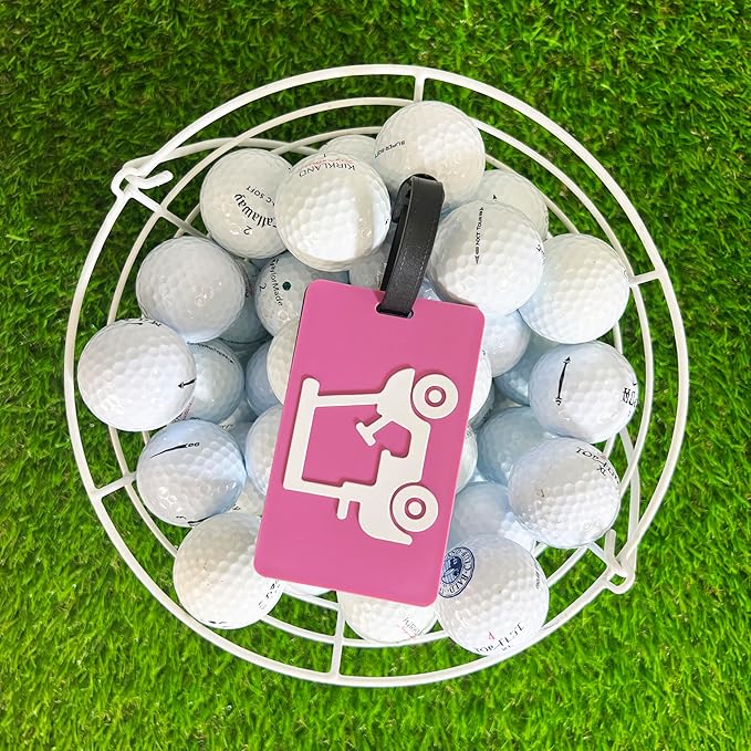Golf Bag Tag – Golf Cart Magenta Design, Flexible & Waterproof Silicone Luggage Tag, Secure Strap for Bag Identification, Great Golf Gift for Players & Enthusiasts