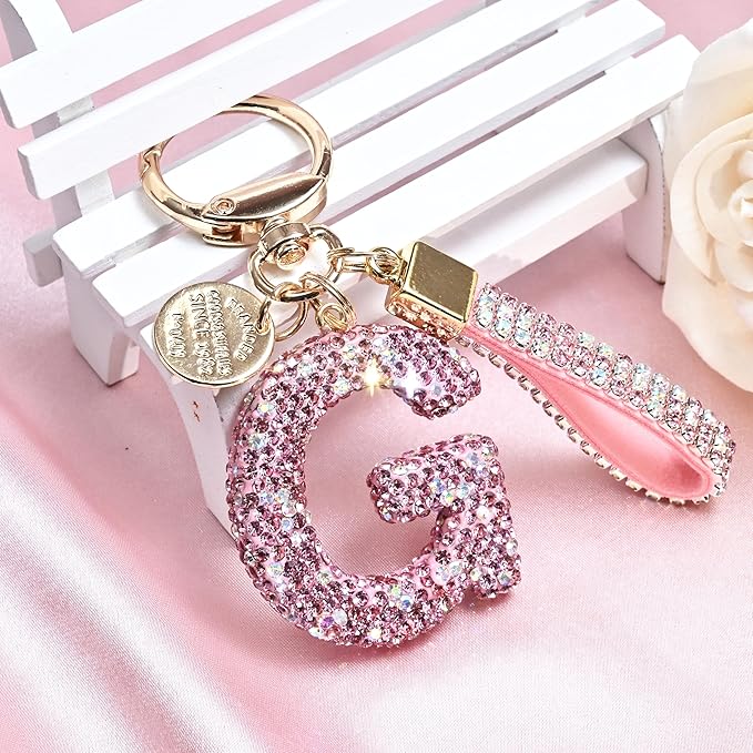 Pink Blue White Initial Letter Keychain Gift for Women Girls Bling Sparkly Cute Backpack Car Key Accessories Lanyard