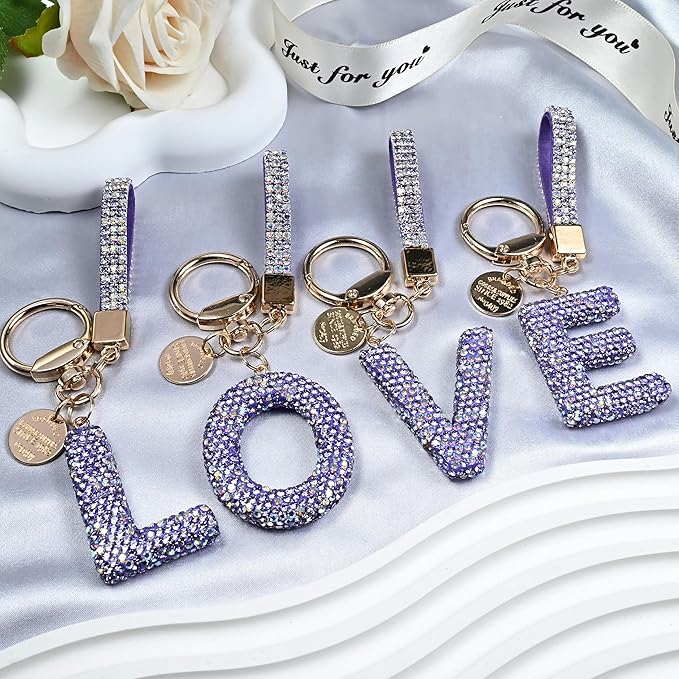Pink Blue White Initial Letter Keychain Gift for Women Girls Bling Sparkly Cute Backpack Car Key Accessories Lanyard