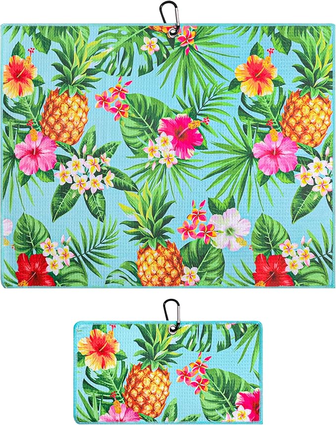 Microfiber Golf Towels for Golf Bags & Carts - Premium Weave Waffle & Ball Towels with Carabiner Clip, Essential Accessories for Men, Women and Kids, Golfer Gifts, Set of 2 (Pineapple Tropics)