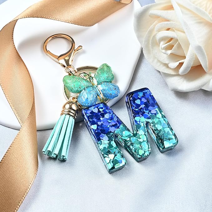 JINGUAZI Initial letter Keychains for Women Tassel Butterfly Pink Purple Cute Car Keychain for Wallet Backpack bag charm