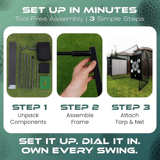 GrdnCare Heavy-Duty Golf Hitting Net 10x8x5.5 FT- Golf Practice Net with Silent Target Tarp, 5-Ply Net, Mat & Tee, Steel Tubes, Poles & Carry Bag - Golf Nets for Backyard, Indoor, Outdoor & Garage