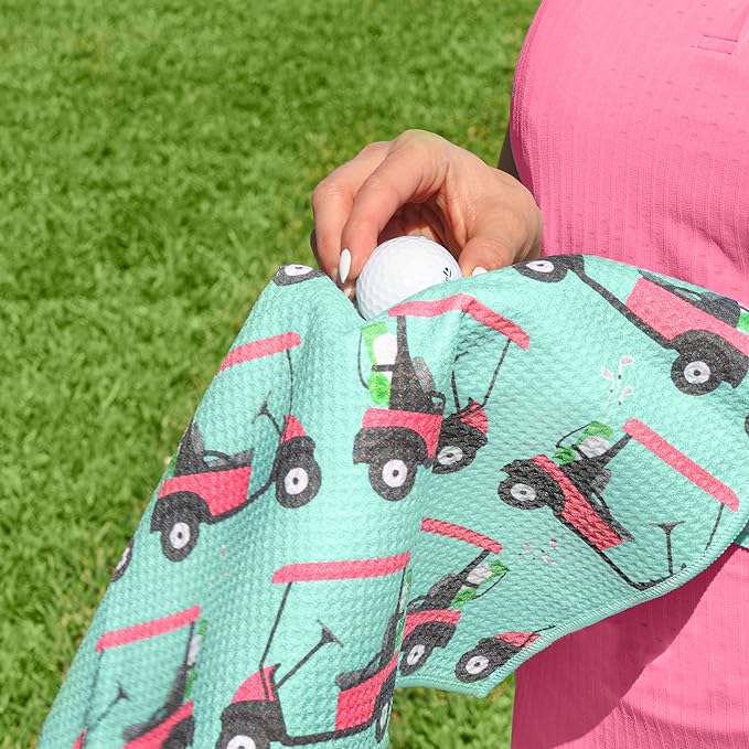 Microfiber Golf Towels for Golf Bags & Carts - Premium Weave Waffle & Ball Towels with Carabiner Clip, Essential Accessories for Men, Women, and Kids, Golfer Gifts, Set of 2 (Golf Cart)