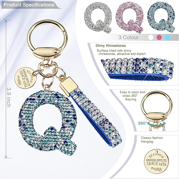 Pink Blue White Initial Letter Keychain Gift for Women Girls Bling Sparkly Cute Backpack Car Key Accessories Lanyard