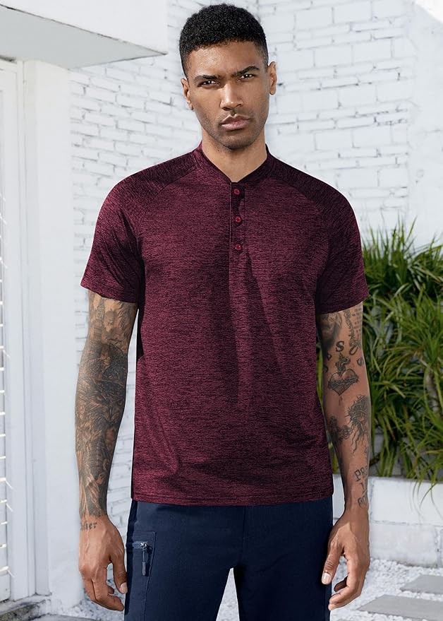 TAPULCO Mens Collarless Golf Shirts Short Sleeve Dry Fit Stretch Casual Breathable Lightweight Tshirts