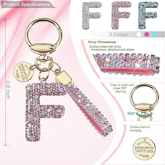 Pink Blue White Initial Letter Keychain Gift for Women Girls Bling Sparkly Cute Backpack Car Key Accessories Lanyard