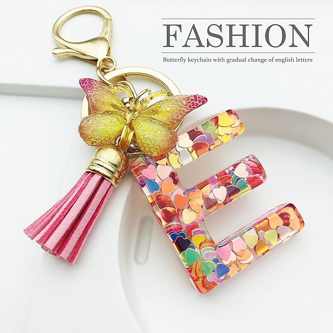 JINGUAZI Initial letter Keychains for Women Tassel Butterfly Pink Purple Cute Car Keychain for Wallet Backpack bag charm