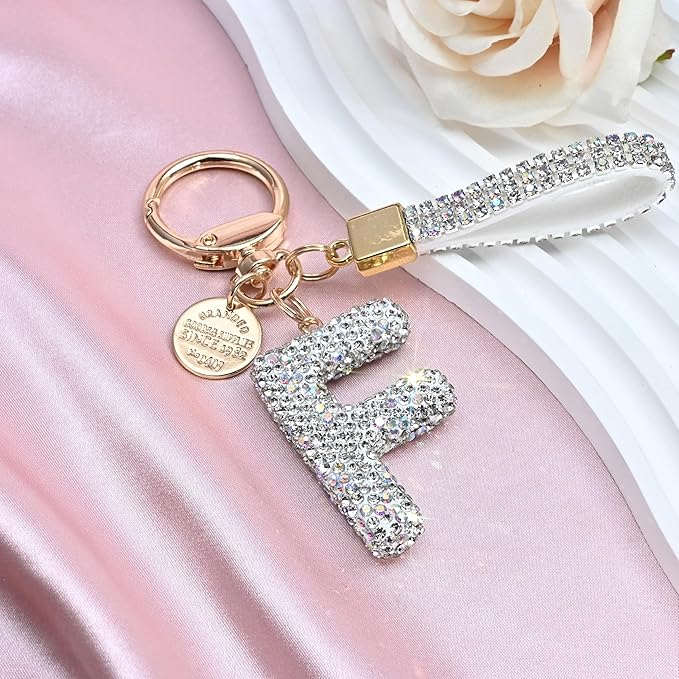 Pink Blue White Initial Letter Keychain Gift for Women Girls Bling Sparkly Cute Backpack Car Key Accessories Lanyard