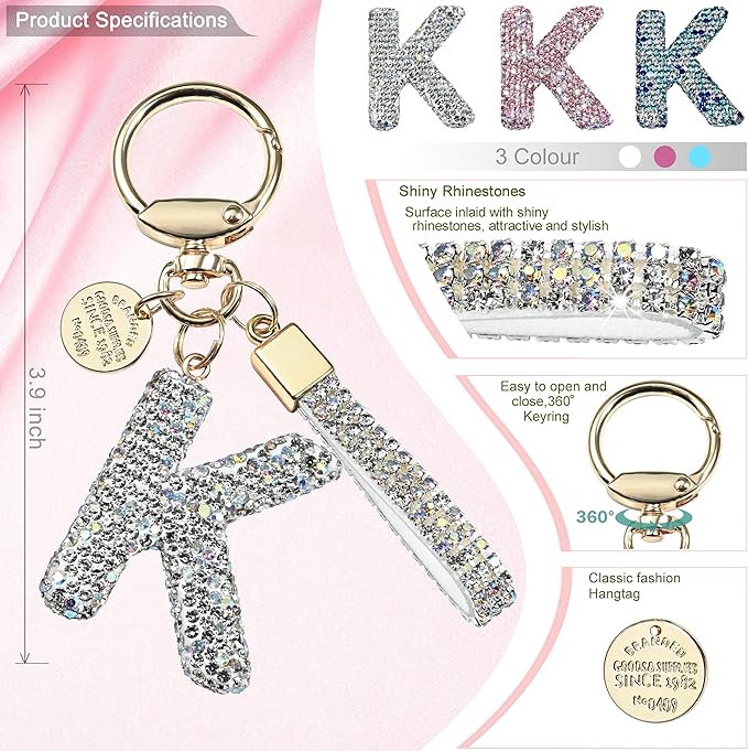 Pink Blue White Initial Letter Keychain Gift for Women Girls Bling Sparkly Cute Backpack Car Key Accessories Lanyard