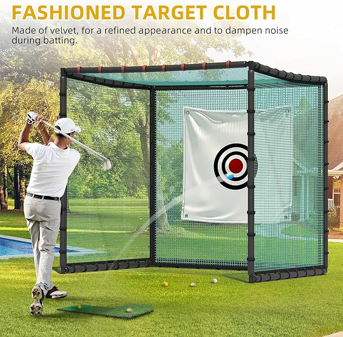 Golf Cage with Steel Freame, 7x7x7ft Golf Net with Rubber Hose, Noise Reduction for Backyard Indoor Outdoor Lawn Practice(Includes 1 Hitting Mat 6 PU Balls 1 Tee)