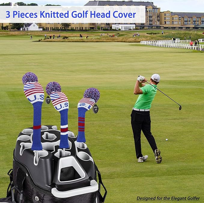 LeFeng 1Pcs Golf Club Cover, Knitted Golf Head Cover for 460cc Driver Fairway Woods and Hybrid with Cute Pom Pom and Number Tag
