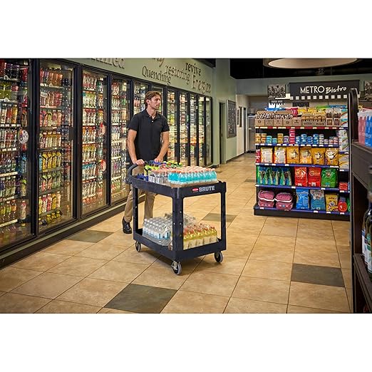 Rubbermaid Commercial Products 2-Shelf Utility/Service Cart, Medium, Black, Lipped Shelves, Ergonomic Handle, 500 Lbs Capacity, forfor Warehouse/Garage/Cleaning/Manufacturing