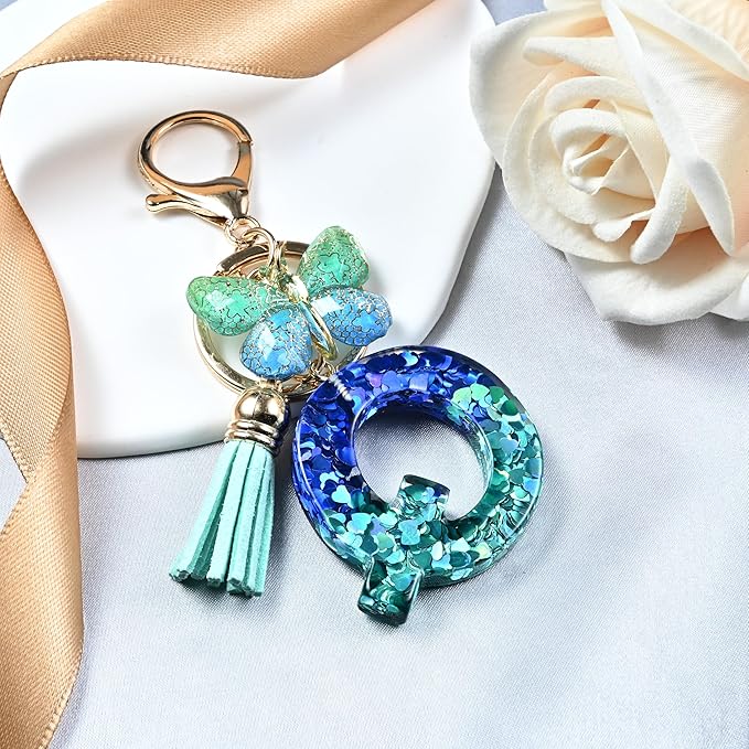 JINGUAZI Initial letter Keychains for Women Tassel Butterfly Pink Purple Cute Car Keychain for Wallet Backpack bag charm