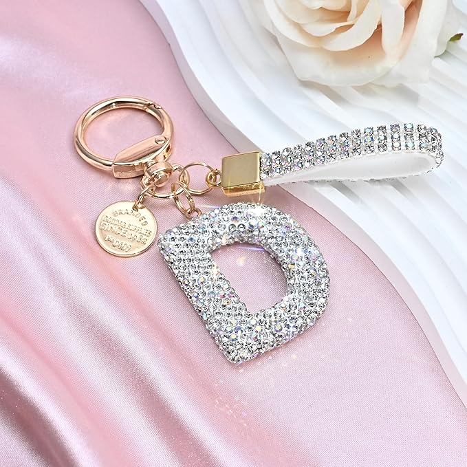 Pink Blue White Initial Letter Keychain Gift for Women Girls Bling Sparkly Cute Backpack Car Key Accessories Lanyard