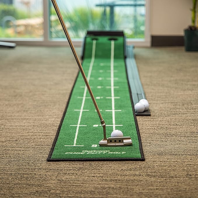 GoSports Pure Putt Golf 9 ft Putting Green Ramp - Black or Brown - Premium Wood Training Aid for Home & Office Putting Practice - Includes 4 Golf Balls