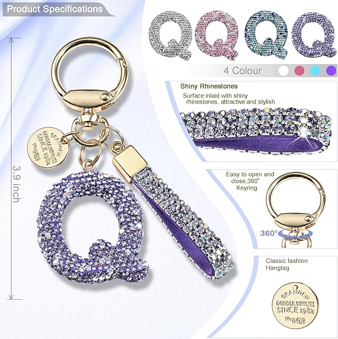 Pink Blue White Initial Letter Keychain Gift for Women Girls Bling Sparkly Cute Backpack Car Key Accessories Lanyard