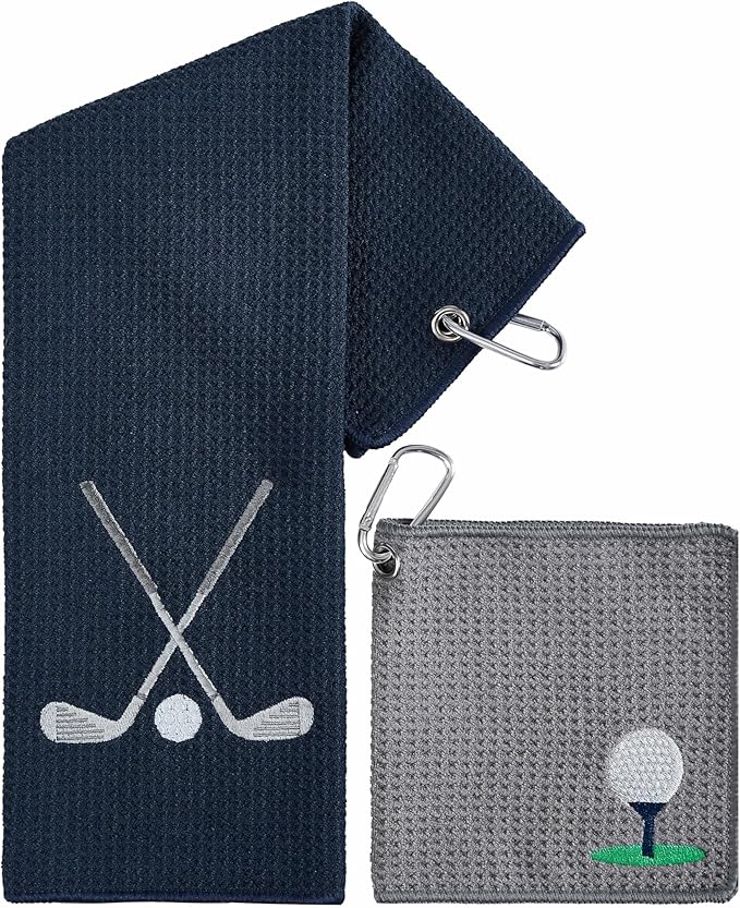 Embroidered Golf Towel Set – Custom Towels for Golf Bags & Carts – Golf Accessories & Gifts for Kids, Men, & Women – Microfiber Waffle and Ball Towels – Club Ball Design - 2-Pack