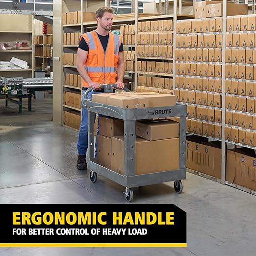 Rubbermaid Commercial Products BRUTE Heavy Duty 2-Shelf Utility/Service Cart, Large, Lipped Shelves, Ergonomic Handle, 750 lbs. Capacity, Black, for Warehouse/Garage/Cleaning/Maintenance/Stadiums