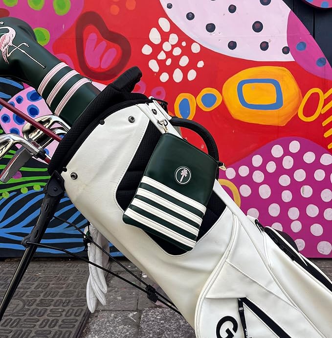 PINKTEE Golf Valuables Pouch Funny Golf Accessories Bag with Zipper Master Green Premiun Leather Golf Tee/Ball Pouch for Women Men (CASINO QUEEN, White stripe)