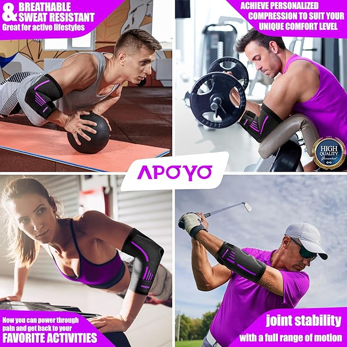 APOYO Elbow Brace for Tendonitis and Tennis Elbow, Elbow Compression Sleeve, Elbow Brace for Women and Men w/ Adjustable Strap for Tennis Elbow Relief, Weightlifting, Arthritis, Workouts, Reduce Joint Pain During Fitness Activity (Purple, Small)